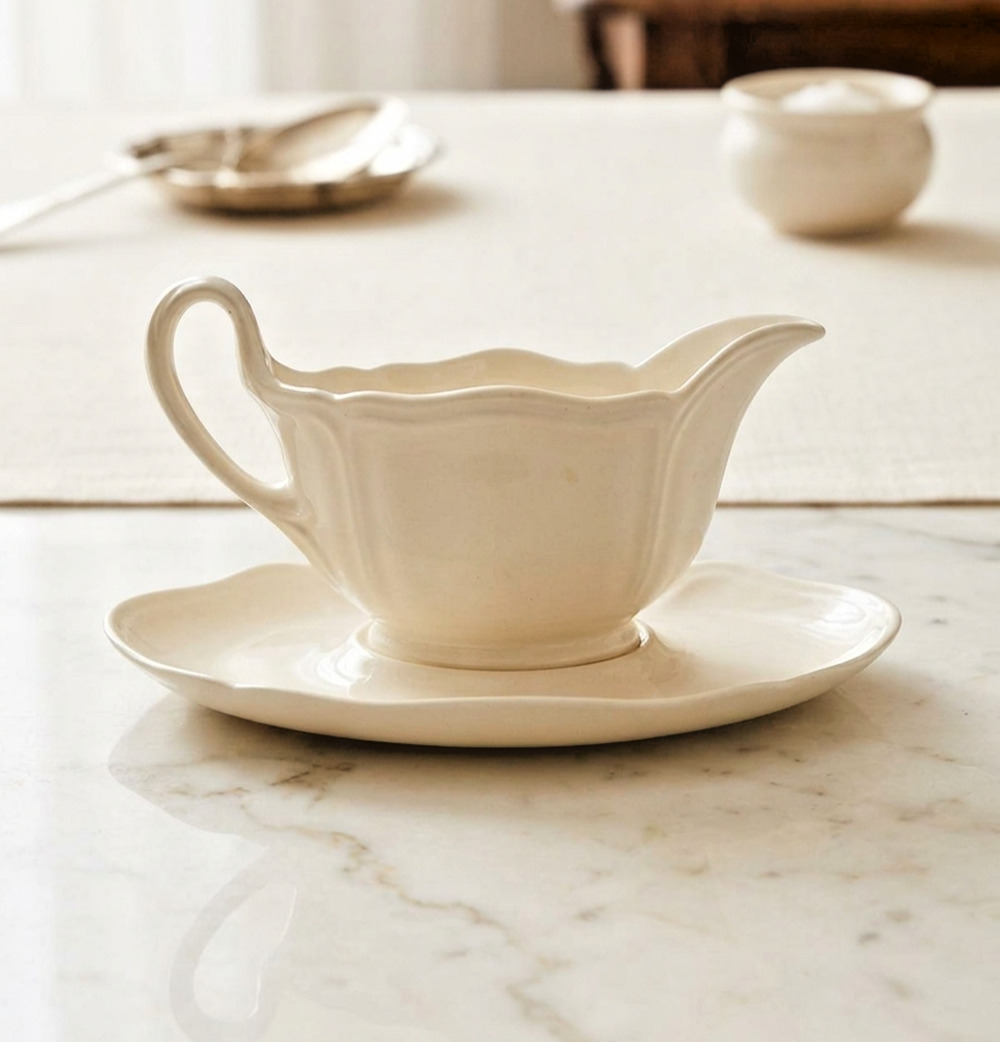 Wedgwood Queens Shape Ceramic Gravy Boat with Saucer White Scalloped Rim